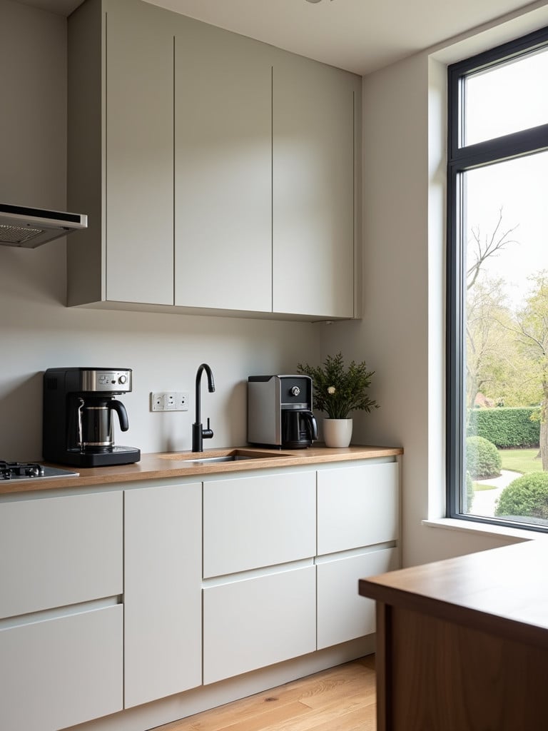 A sophisticated kitchen featuring a built-in coffee station for easy preparation and enjoyment
