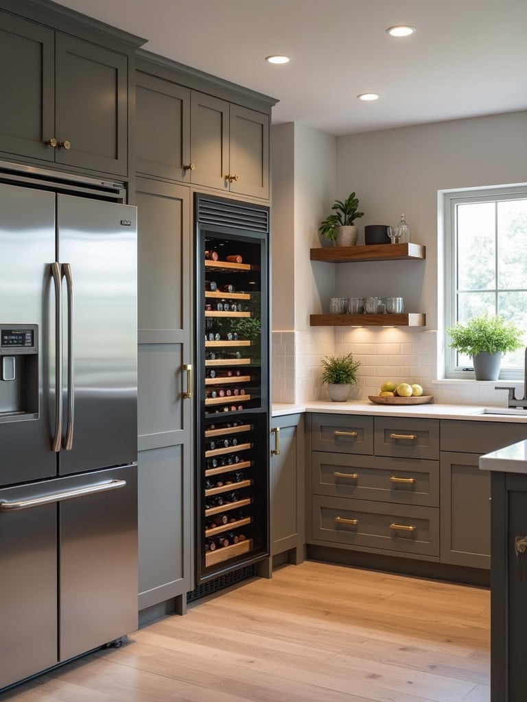 An elegant kitchen design incorporating a wine refrigerator, for both beauty and utility