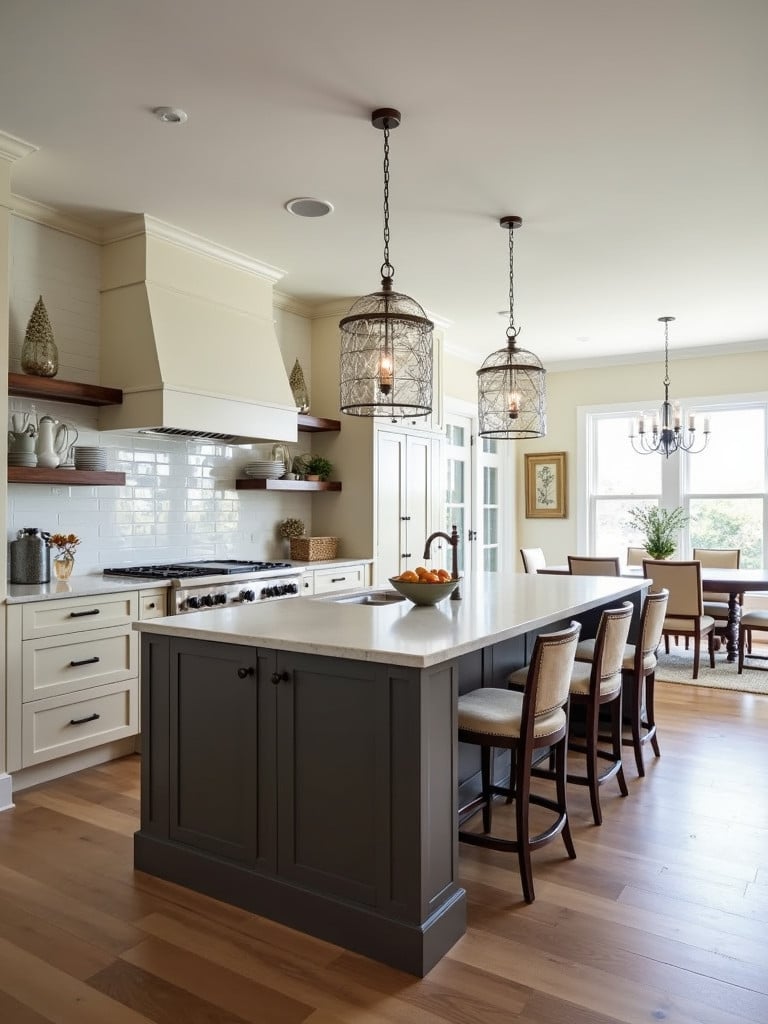 A stylish kitchen with a prominent island offering seating, creating a gathering space