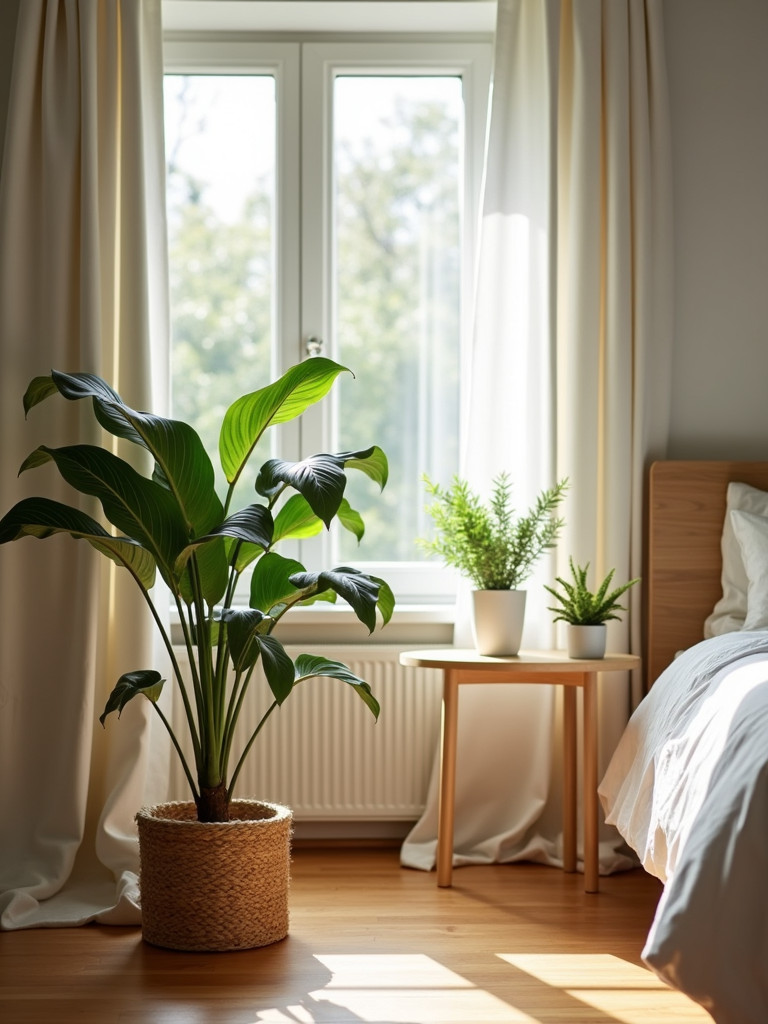 Master bedroom with a mix of potted plants adding natural elements, showcasing a comfortable bed, neutral colored walls and floors