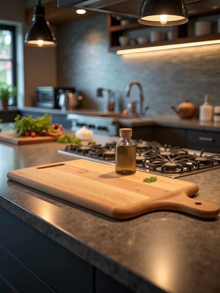 An image of a kitchen design with an integrated cutting board