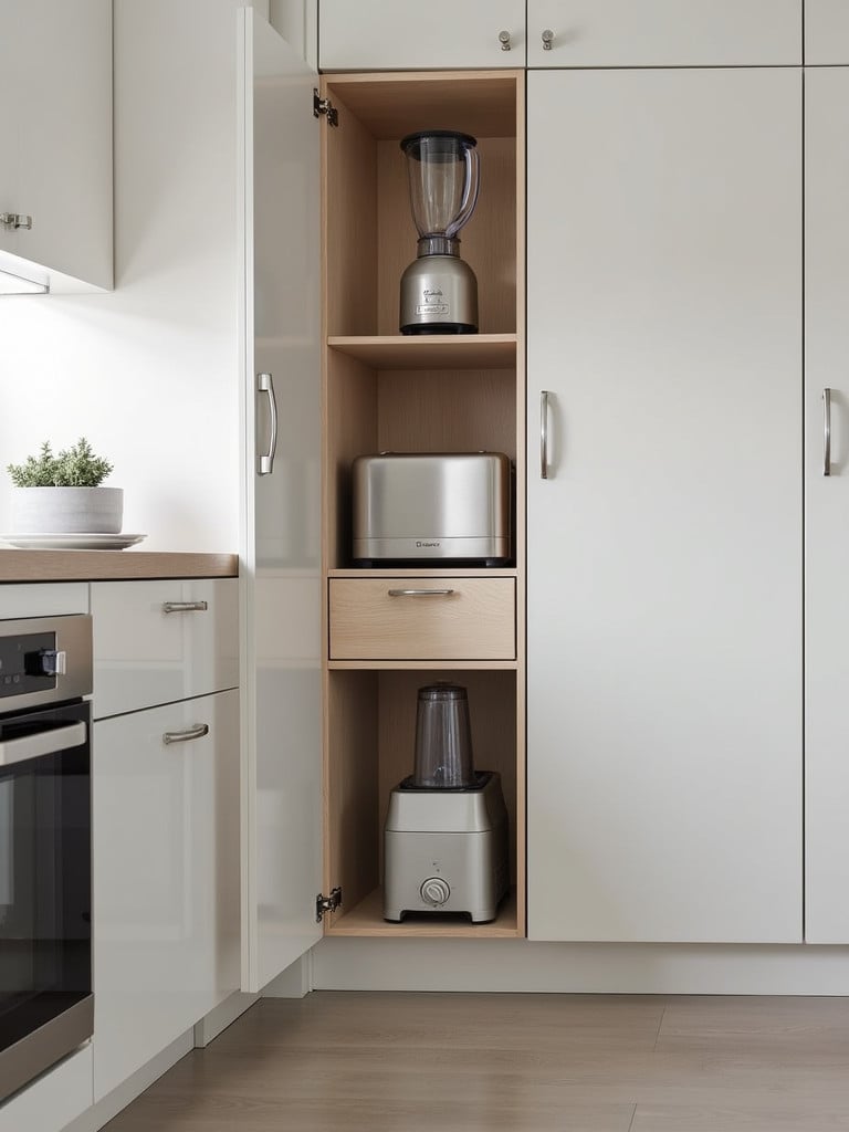 An open appliance garage cabinet in a kitchen revealing small appliances inside.