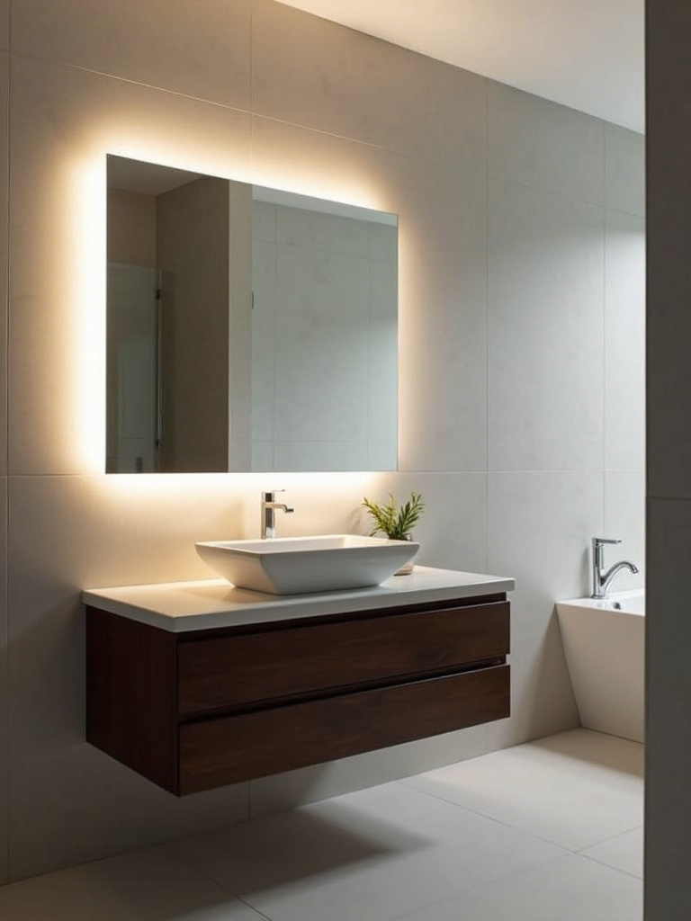 Modern bathroom with a large backlit mirror, providing a soft glow for even illumination and enhanced visual effect.