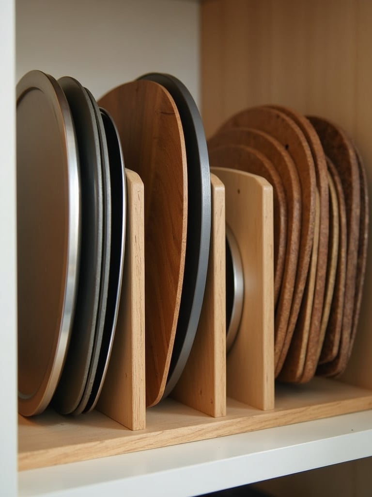 A cabinet with vertical dividers displaying neatly organized baking sheets and cutting boards.