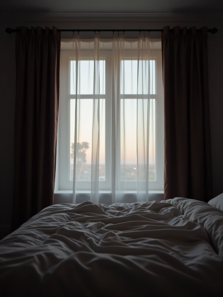 A cozy bedroom during daytime, with blackout curtains drawn to block out light.