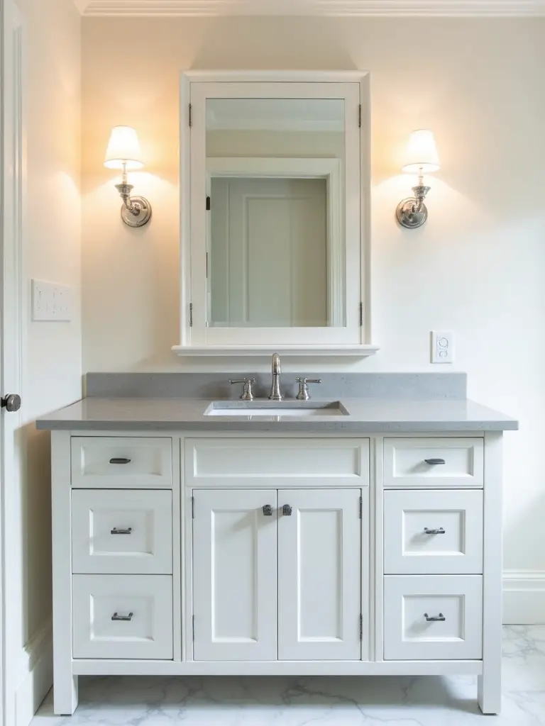 Classic bathroom featuring a mirror flanked by symmetrical chrome sconces offering balanced light.