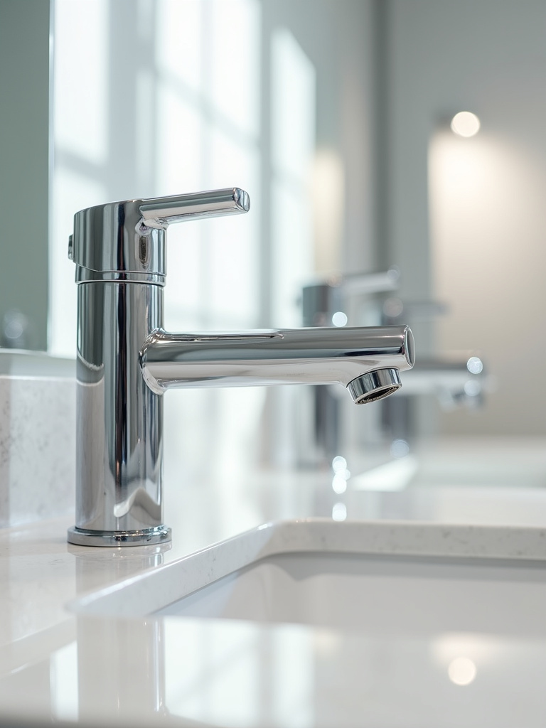 A chrome finished faucet in a brightly lit bathroom with a chrome detailed vanity light