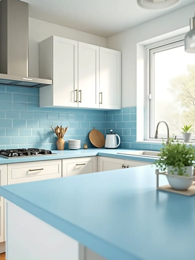 A coastal kitchen with white cabinets and blue laminate countertops.