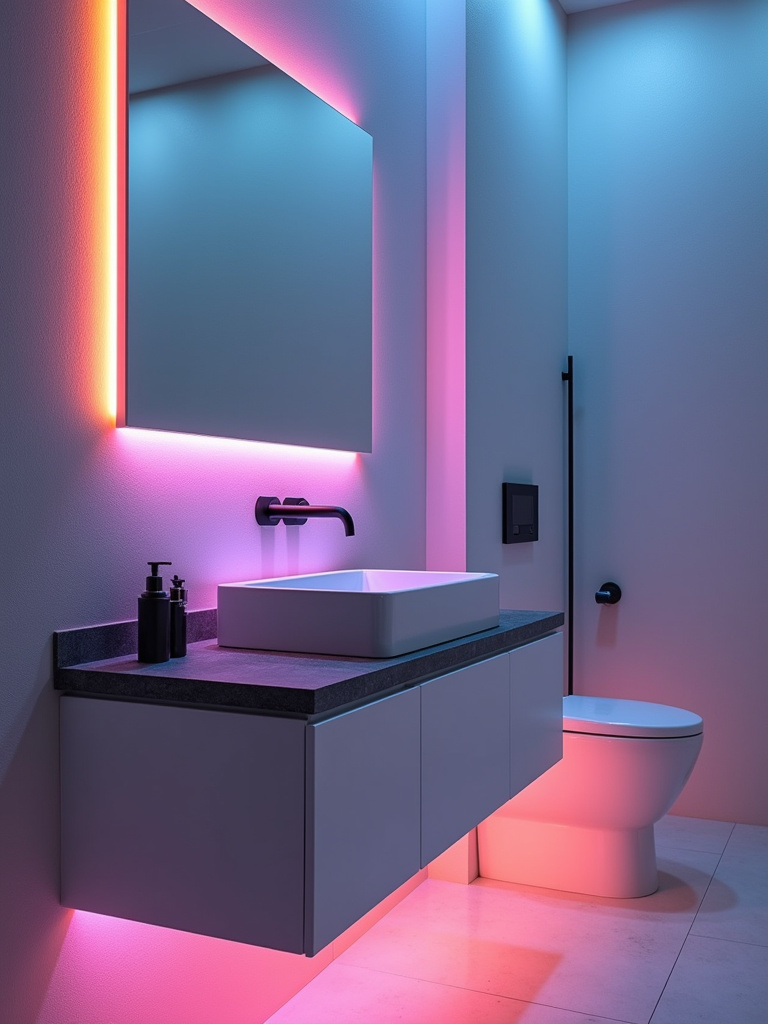 Modern bathroom featuring RGB smart bulbs to provide dynamic, color-customizable accent lighting.