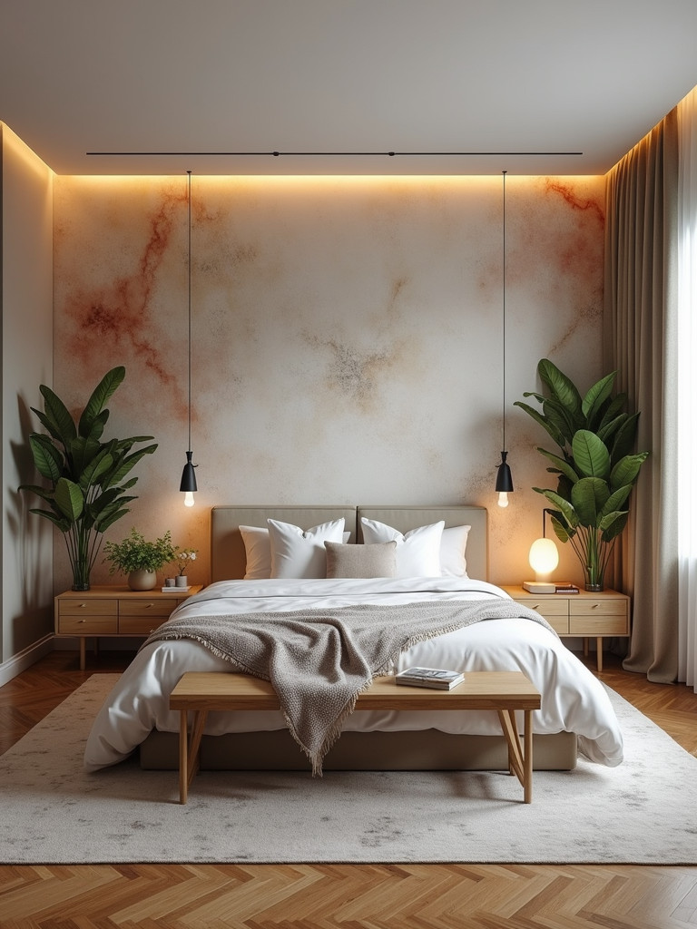 Master bedroom with a stylish feature wall with textured wallpaper that elevates the entire look