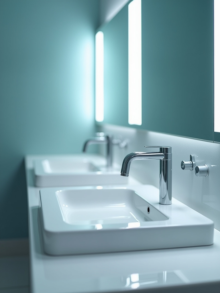 A modern bathroom illuminated with clear cool-toned vanity lights providing ample brightness