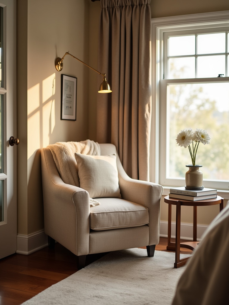 A comfortable reading nook inside the master bedroom, featuring an armchair, lamp, and a small table with books, next to a window, showcasing a relaxing atmosphere