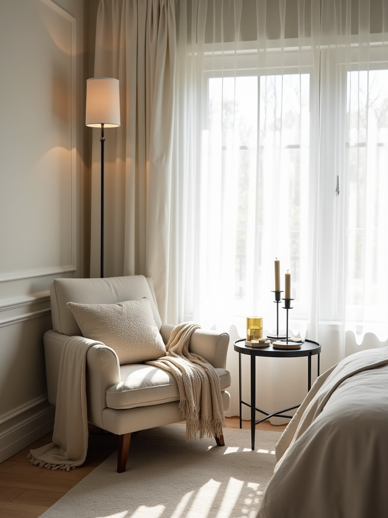 Master bedroom with a cozy seating area, with a comfortable chair, small table and soft ambient light that is ideal for relaxing