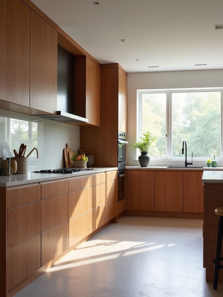 A luxurious kitchen showcasing custom cabinetry with exotic wood finishes bathed in natural light