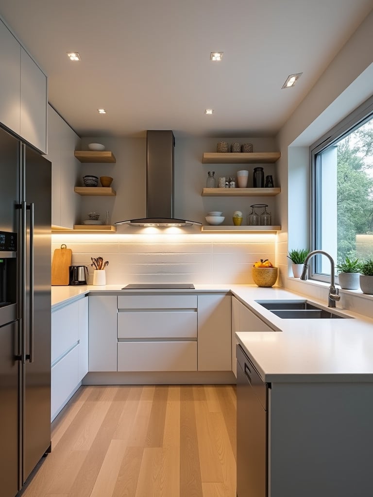 An elegant kitchen scene featuring stylish custom lighting fixtures