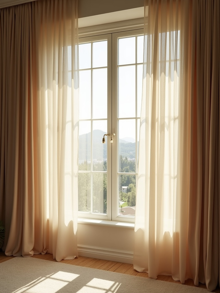 Master bedroom with floor to ceiling window treatments that allow for plenty of light as well as privacy