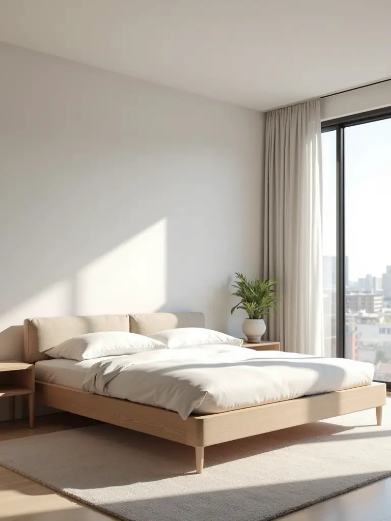 A minimalist master bedroom featuring a low profile bed, simple side tables, and ample natural light