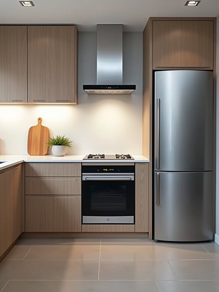 A well lit kitchen featuring energy-efficient stainless steel appliances for modern living.