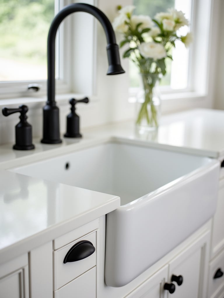 Farmhouse cabinets with multiple drawer pull styles and matte black faucet details.