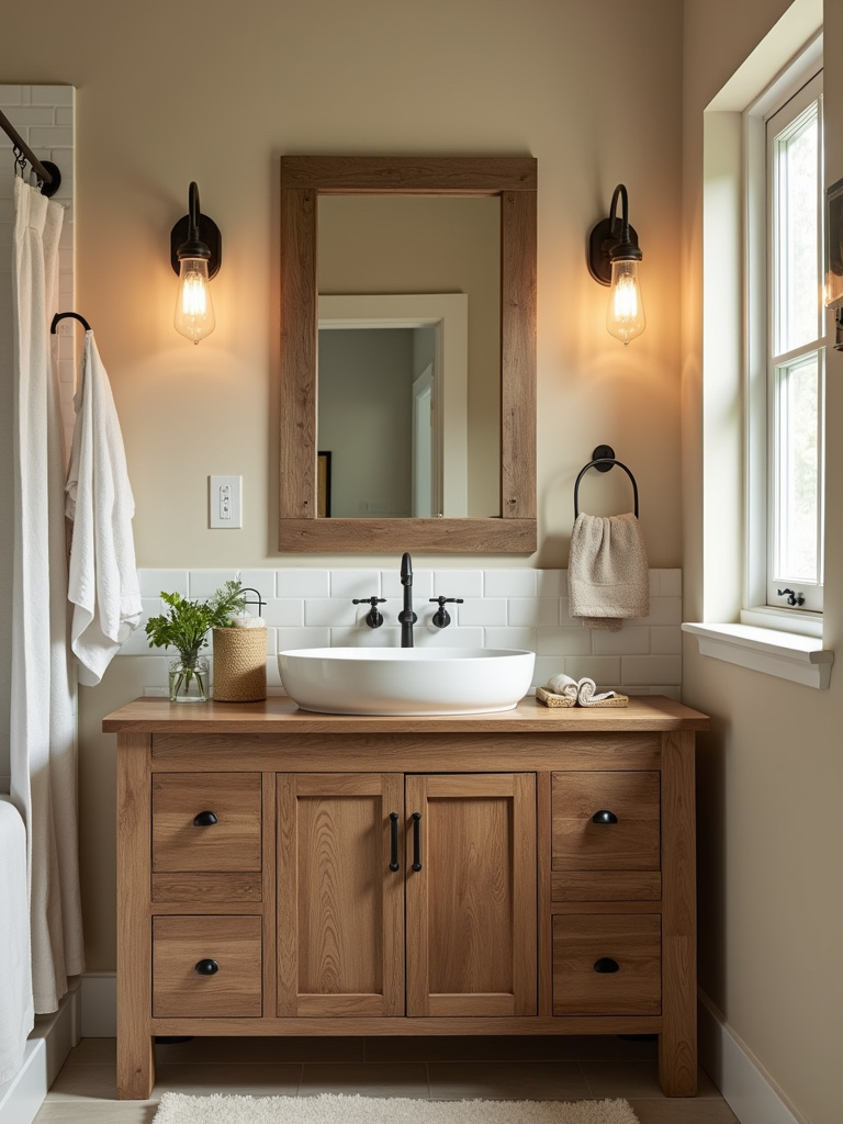 A farmhouse style bathroom featuring rustic fixtures above the vanity mirror