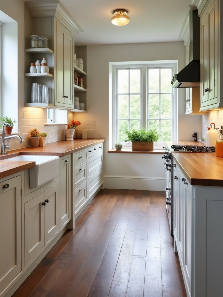 Farmhouse kitchen with white freestanding cabinet pieces and butcher block counter tops.