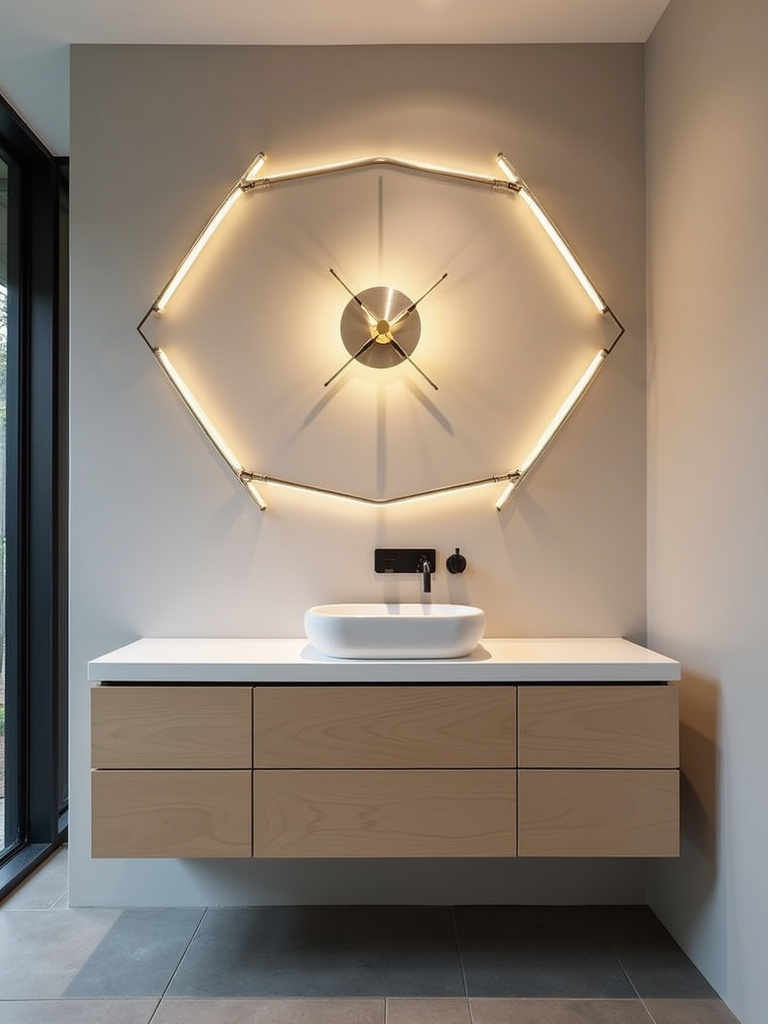 Contemporary bathroom showcasing a geometric wall fixture with a unique pattern, and adds visual style.