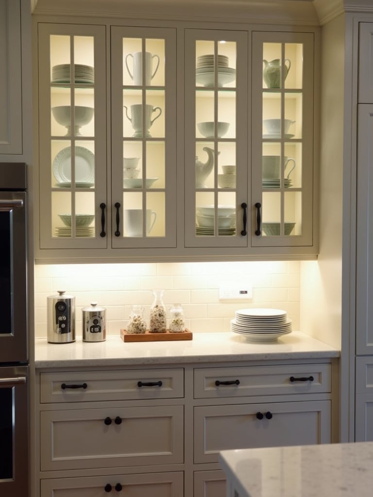 A kitchen with glass fronted cabinets displaying a collection of decorative dishware.