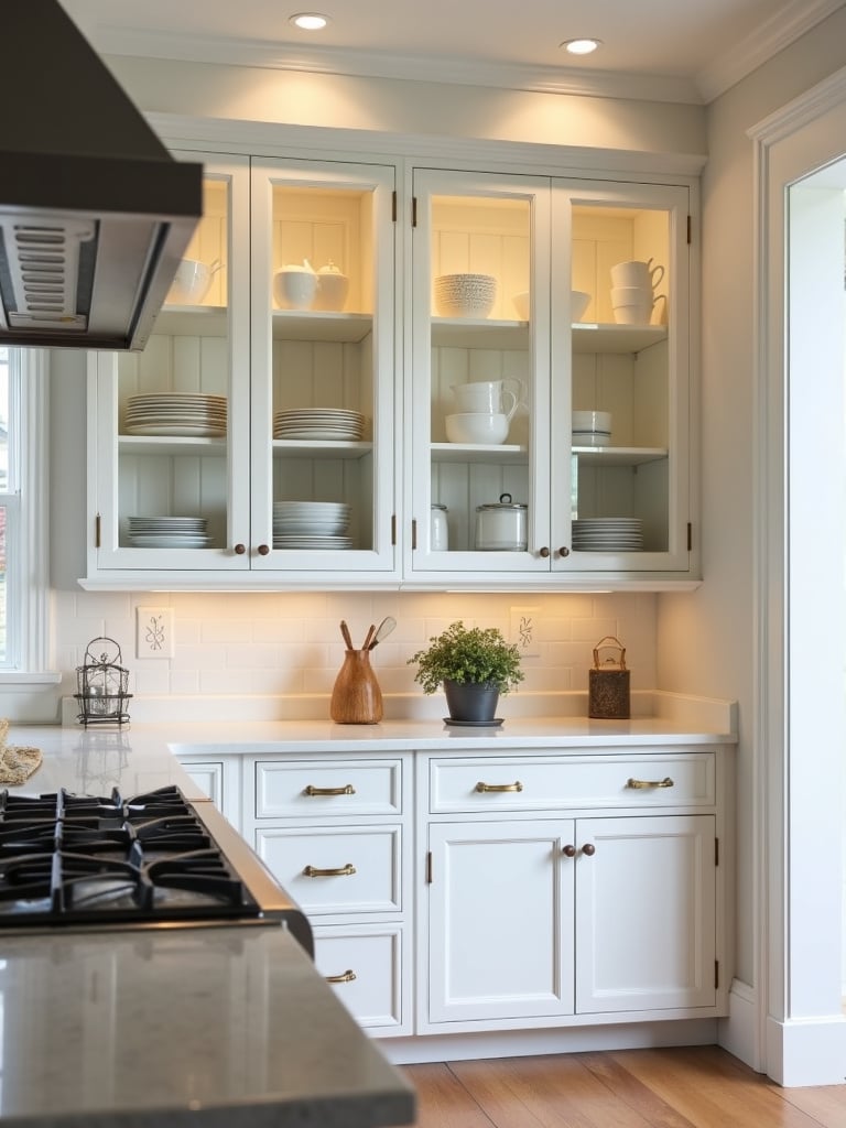 Farmhouse kitchen featuring white glass-front cabinets and a variety of dishware.