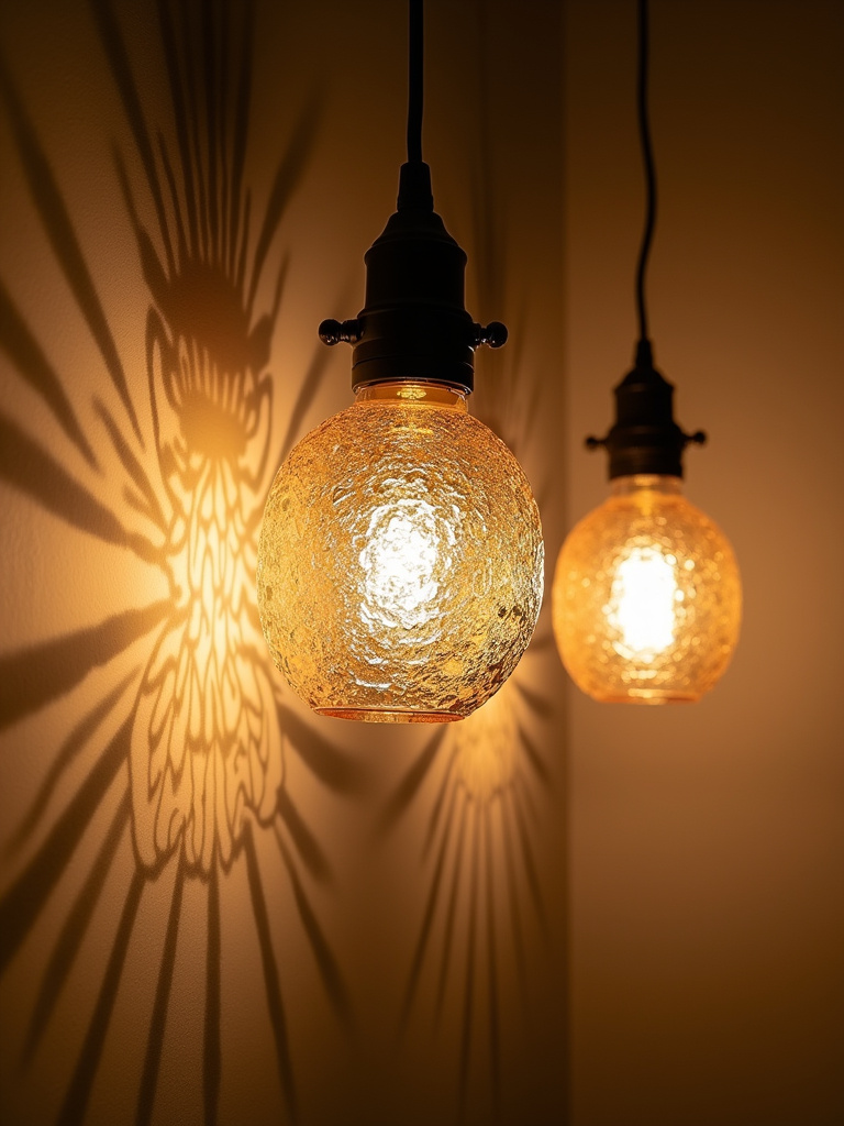 A beautiful lighting fixture with textured glass shades casting beautiful patterns