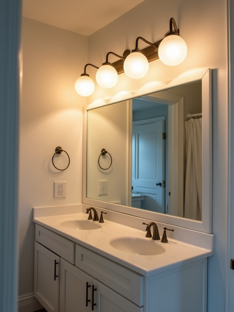 A traditional bathroom with several frosted glass globe lights over a long mirror