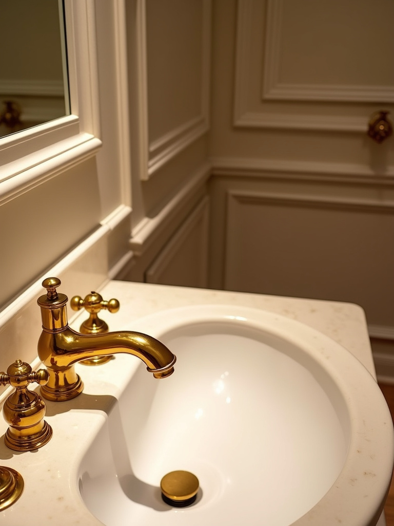 An elegant bathroom with various gold fixtures and rich warm tone lighting