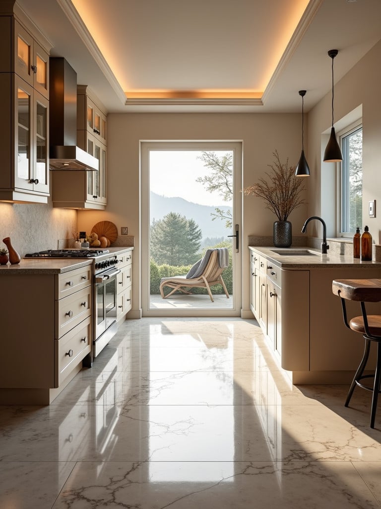 A luxury kitchen showcasing heated floors for ultimate comfort
