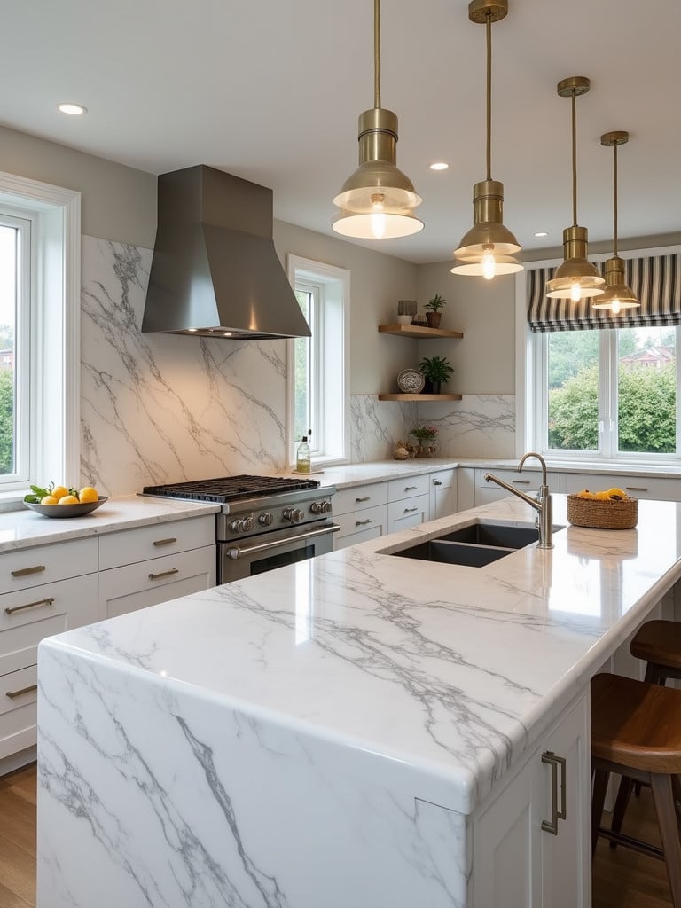An elegant kitchen with luxurious marble countertops showcasing the overall kitchen aesthetic