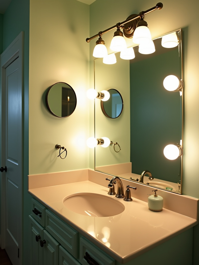 A retro bathroom featuring a classic Hollywood-style vanity mirror with globe bulbs