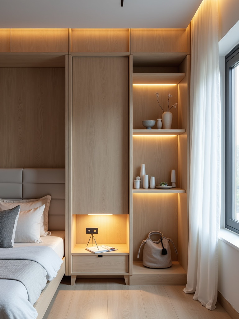 Master bedroom with hidden and built in storage solutions making the space neat and organized