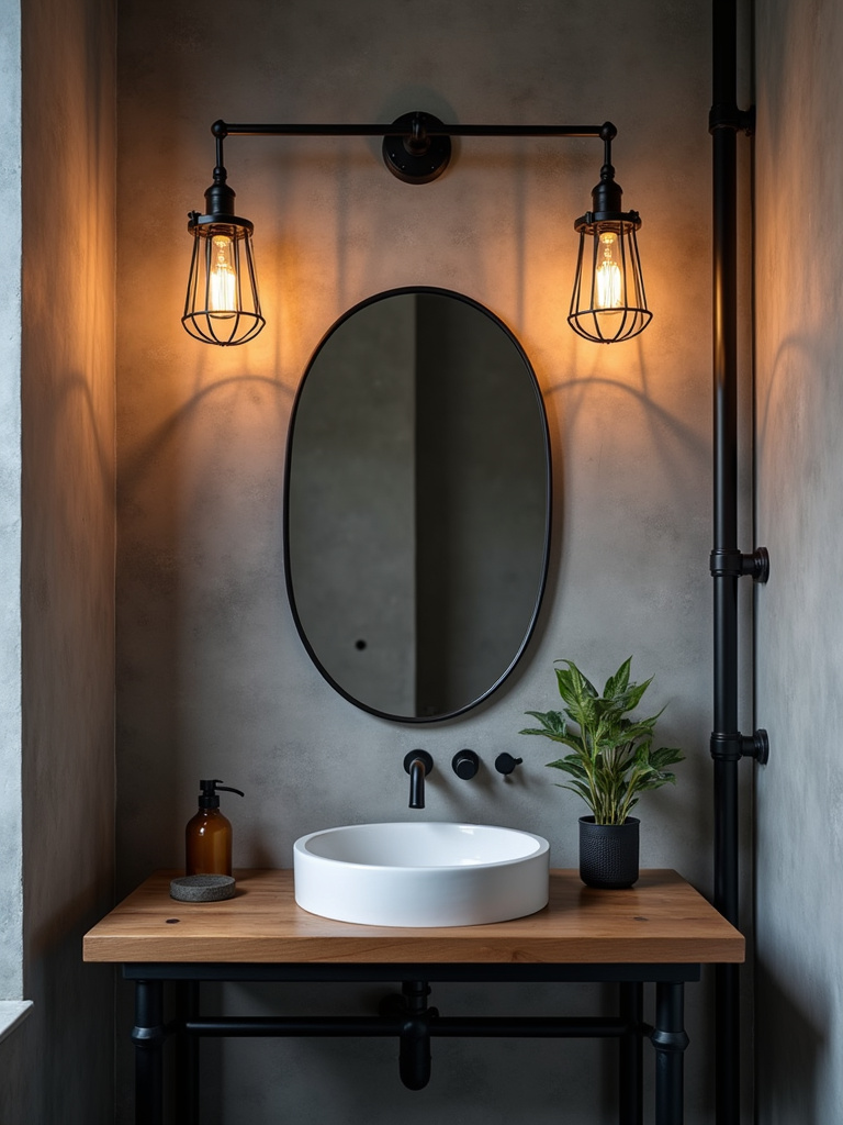 An industrial-style bathroom featuring black, caged light fixtures with exposed bulbs