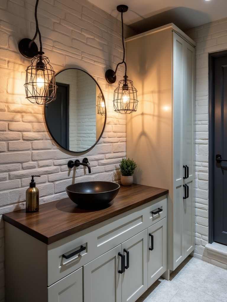 Industrial design style bathroom with open metal cage light fixtures highlighting a raw aesthetic.