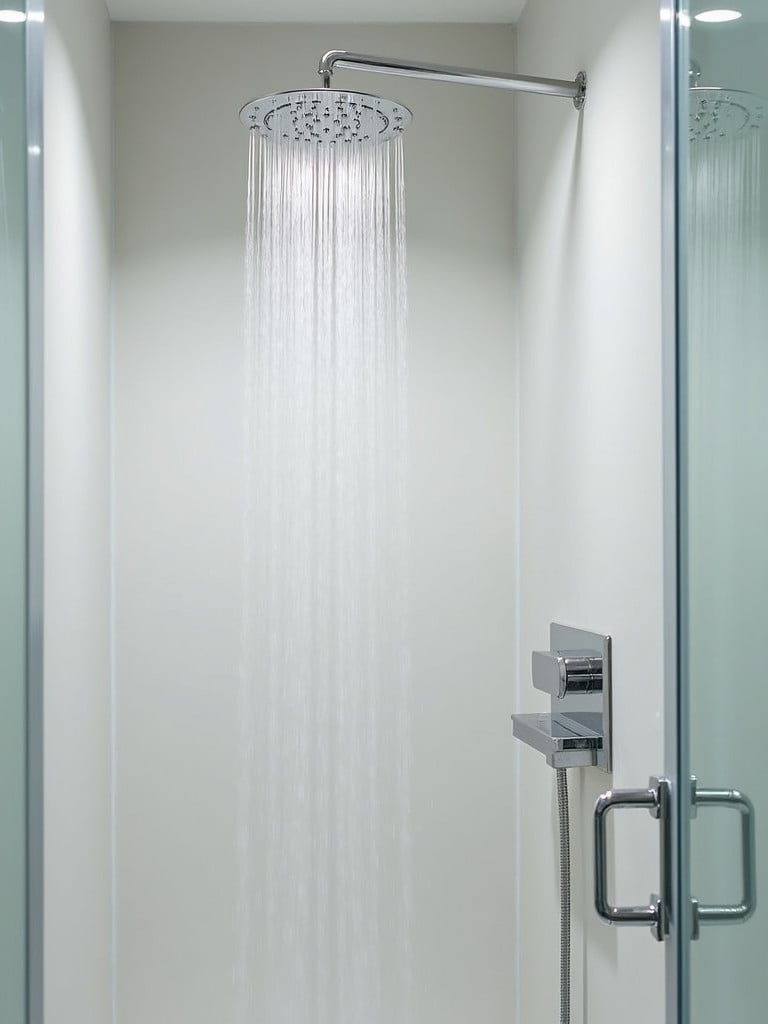 A chrome rain showerhead in a modern shower