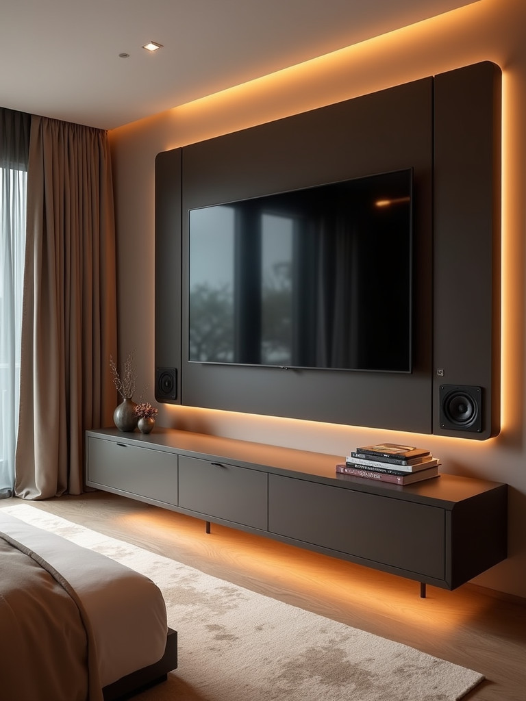 Master bedroom using technology that enhances the functionality and lifestyle with a wall mounted TV, smart lights and sleek audio devices