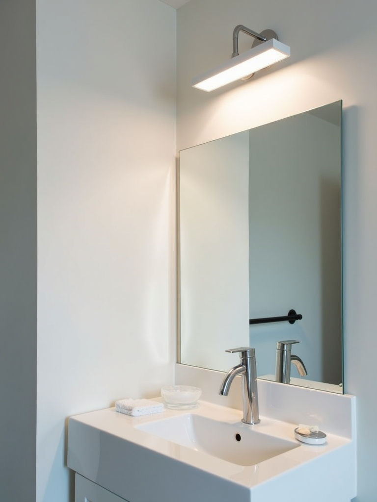 A minimalist bathroom with an integrated LED fixture mounted above the vanity mirror