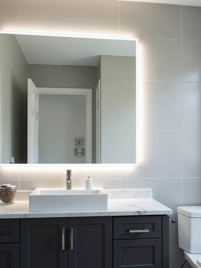 Contemporary bathroom featuring a mirror with built-in LED lighting providing seamless illumination.