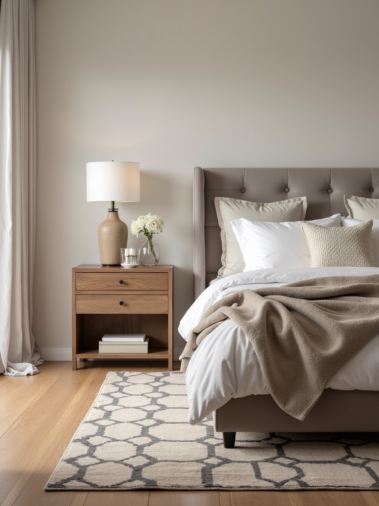 Master bedroom with an area rug under the bed enhancing the space and overall design aesthetics with multiple texture layers