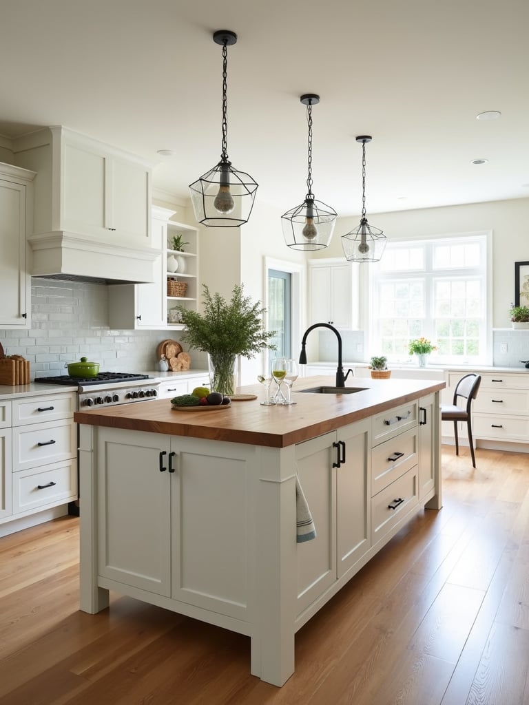 Farmhouse kitchen with center white cabinet island and wooden countertops.