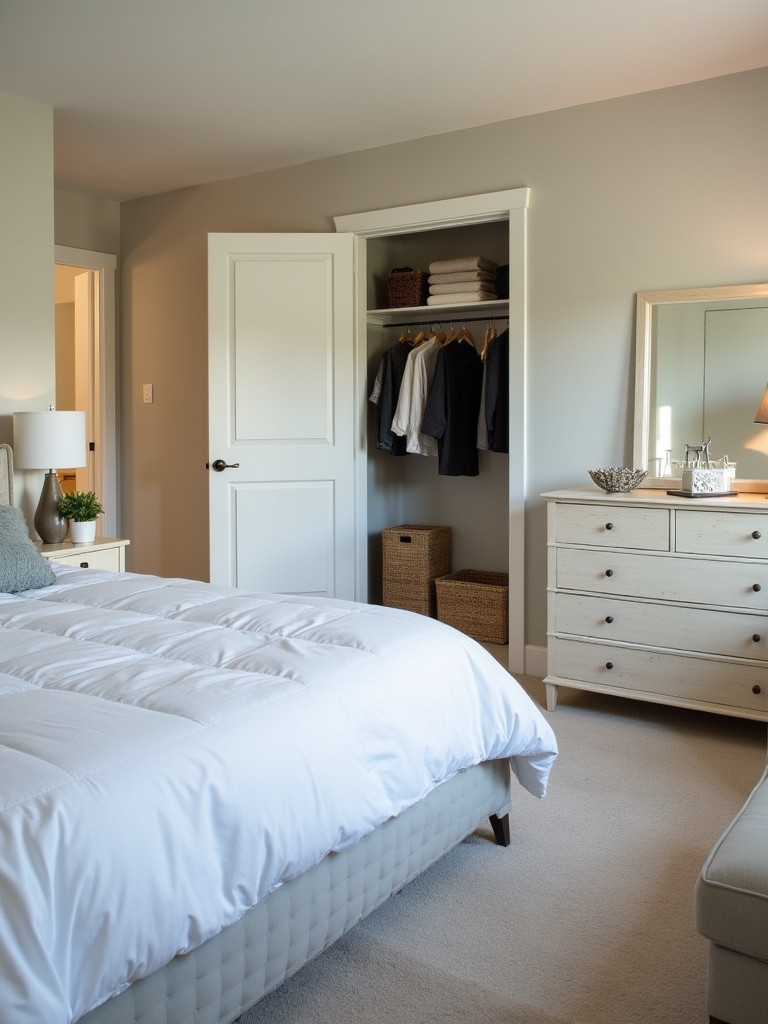 A master bedroom showing a decluttered, neatly organized space with clean lines, and everything stored properly