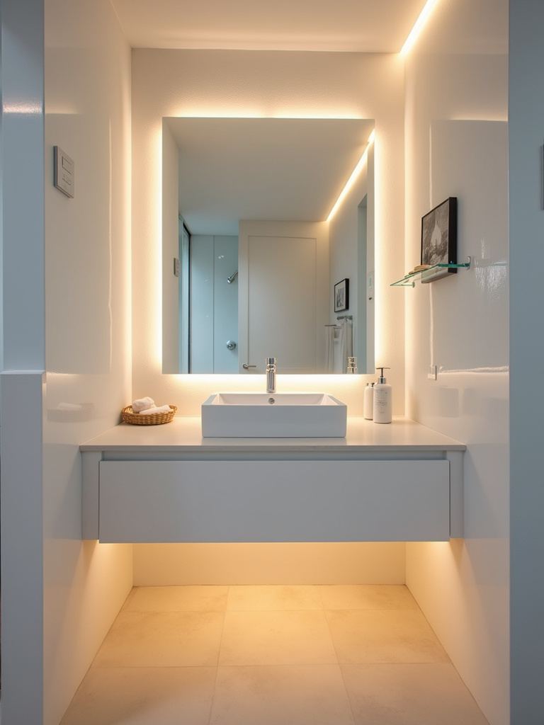 A modern bathroom featuring under-mounted LED strip lighting beneath a floating vanity