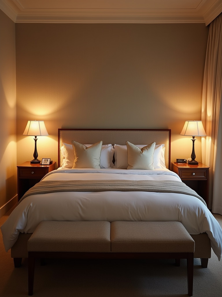 Master bedroom using multiple layers of lighting including bedside table lamps, sconces and a light fixture to create a relaxing and functional space