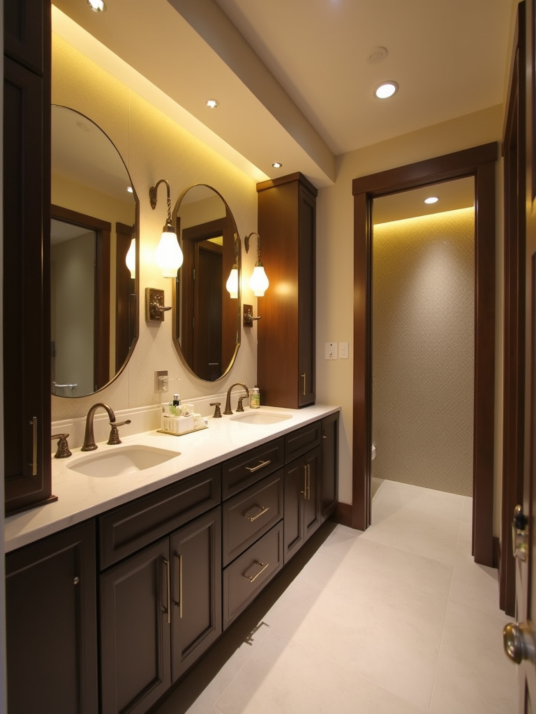 Modern bathroom showing a multi layered lighting effect, with recessed lights, sconces and pendant lighting to create depth.