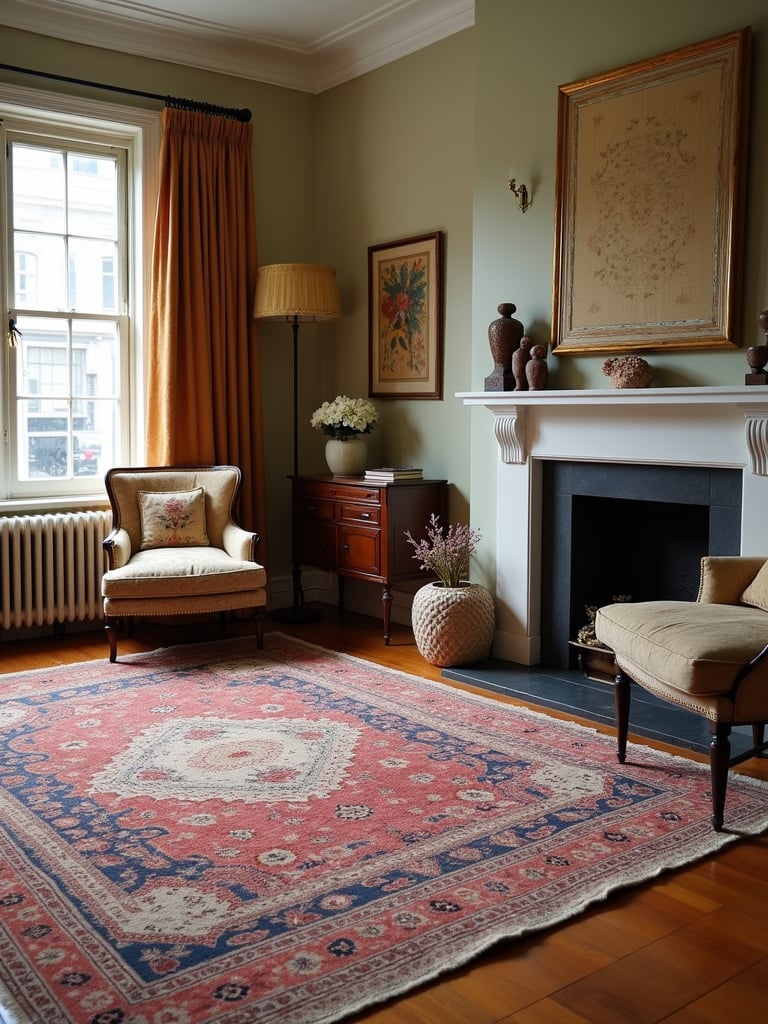 Cozy living room with layered rugs creating texture, straight on view.