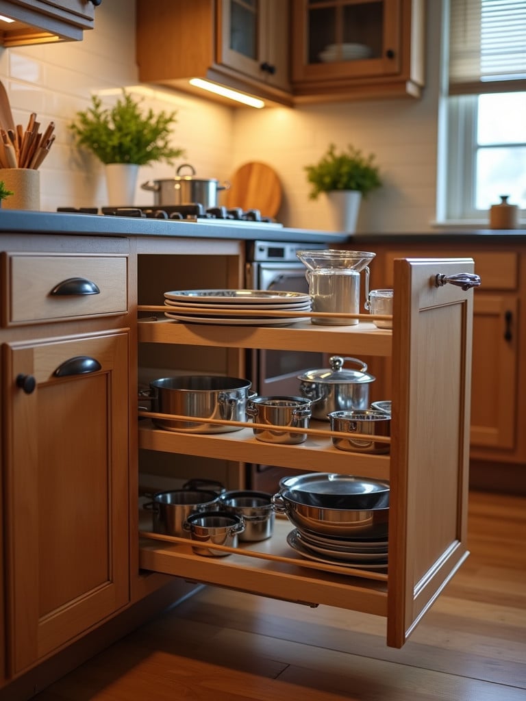 A modern kitchen corner cabinet with a Lazy Susan that’s fully extended showcasing various cookware and pantry items.