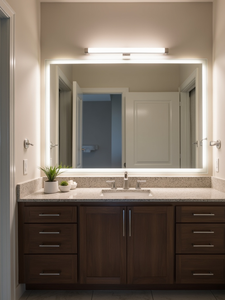 A modern bathroom featuring a sleek light bar above a rectangular mirror and dark wood vanity